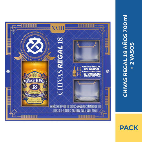 whisky chivas regal 18 años 700ml 2vasos